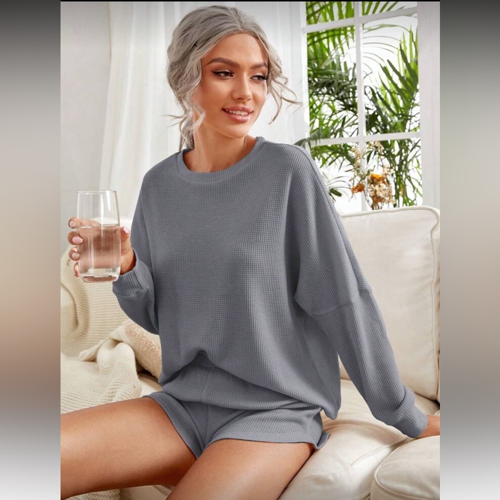 Women's Waffle Knit Lounge Set - Gray